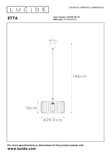Lucide ETTA - Hanglamp - Ø 29 cm - 1xE27 - Licht hout - technisch